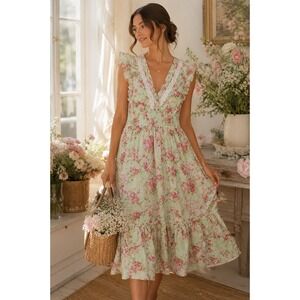 Mint Floral Cottagecore Midi Dress Lace Trim Ruffle Sleeve Cotton Medium NWT